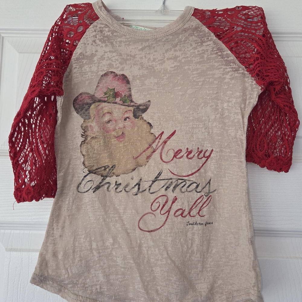 Southern Grace Kids Christmas Shirt with Red Lace Sleeves